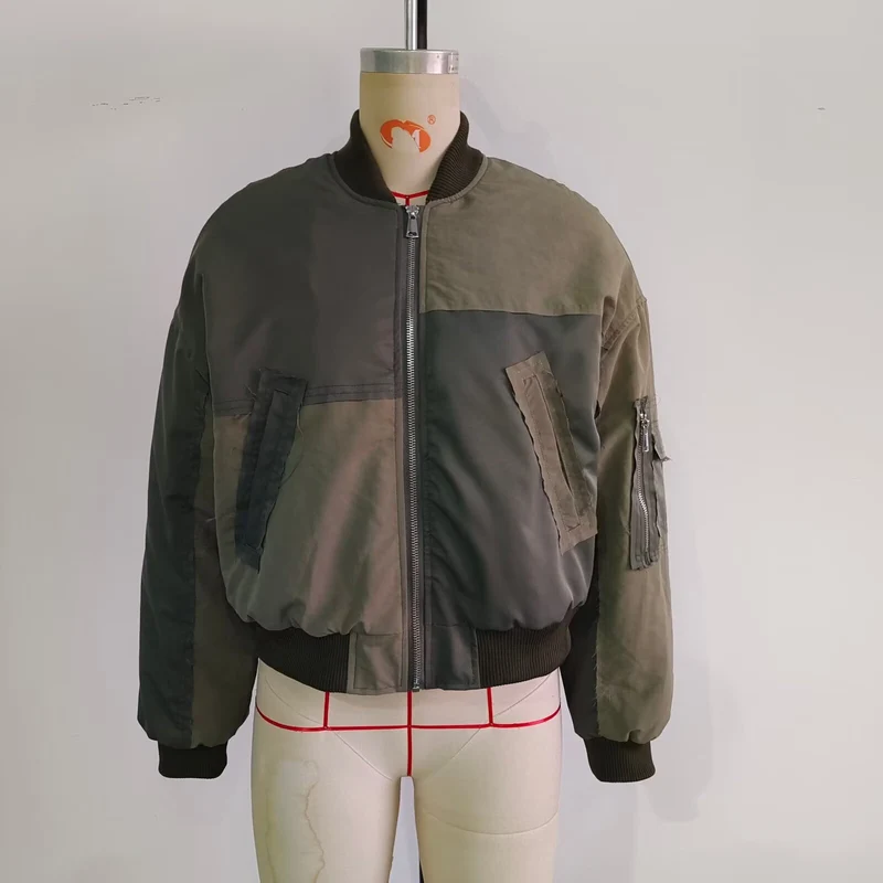 Damen Kurze Oversize-Bomberjacke mit Utility-Taschen und Rippbündchen Drune