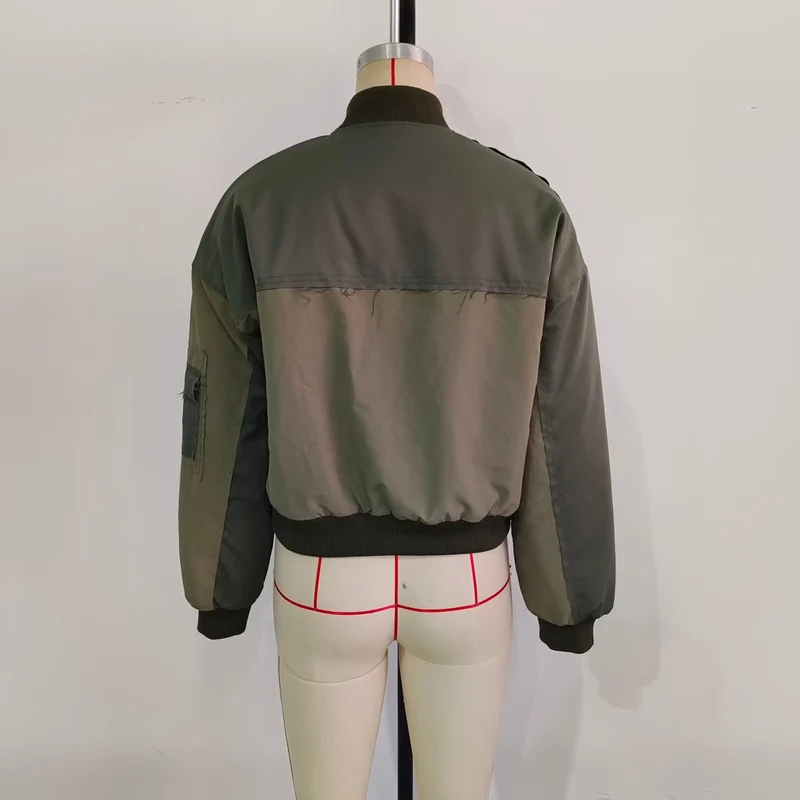 Damen Kurze Oversize-Bomberjacke mit Utility-Taschen und Rippbündchen Drune