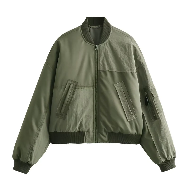 Damen Kurze Oversize-Bomberjacke mit Utility-Taschen und Rippbündchen Drune