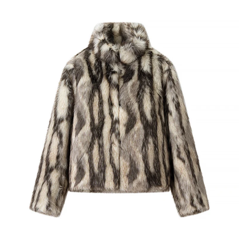 Damen Kurze Kunstfelljacke mit voluminöser Pelzoptik, kastiger Silhouette und Eingrifftaschen Drune