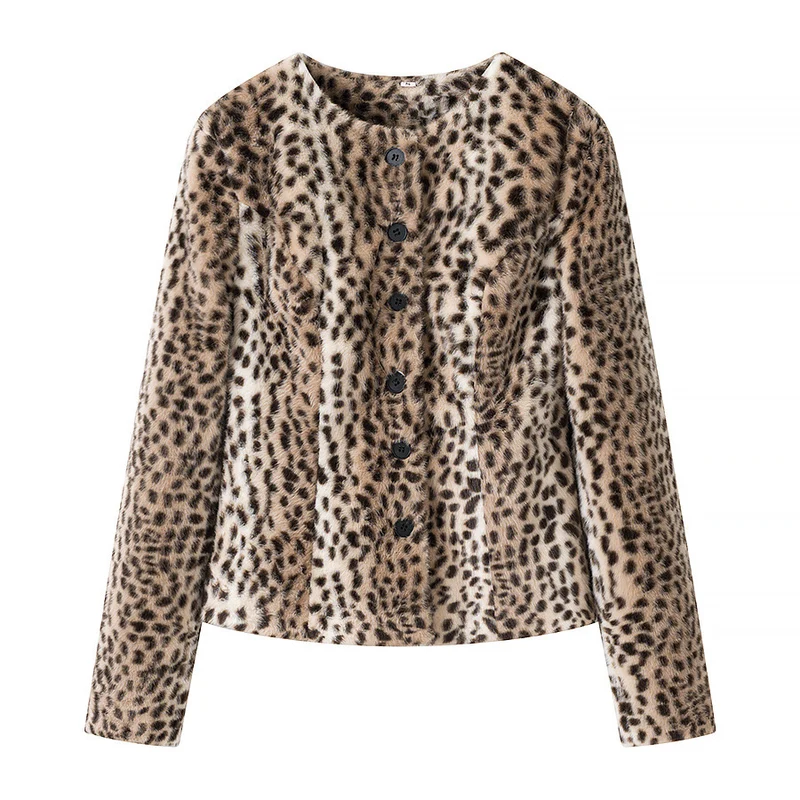 Damen Kurze Kunstfelljacke mit Leopardenmuster und Rundhalsausschnitt Drune