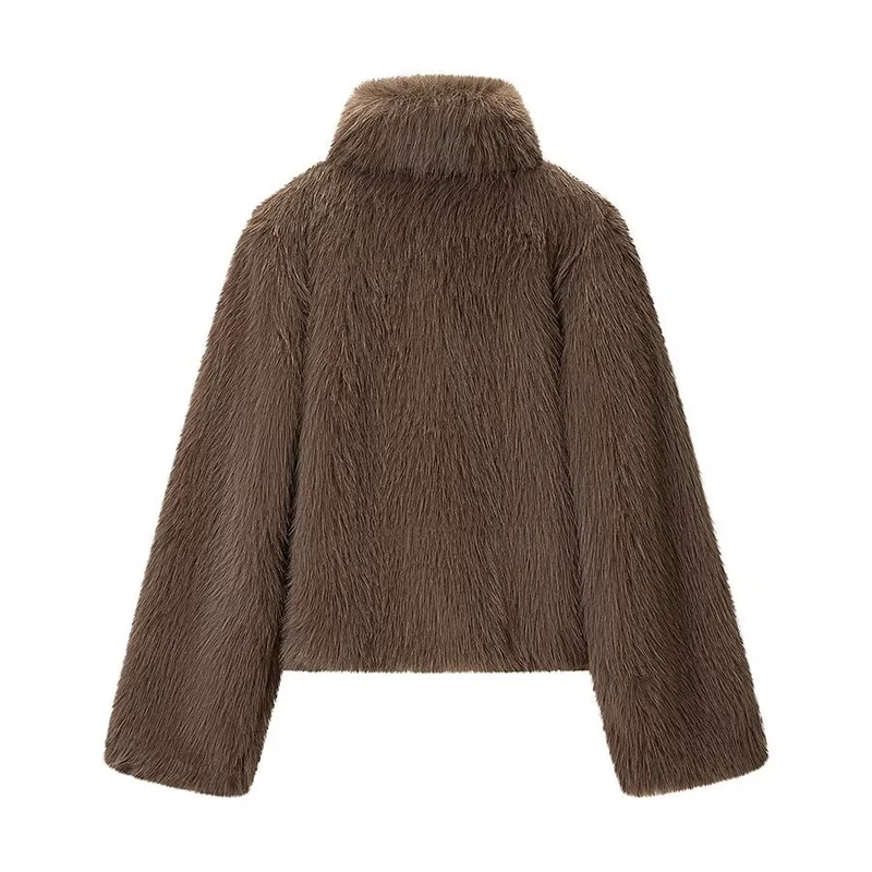 Damen Kurze Kunstfelljacke mit hohem Stehkragen und Oversized‑Silhouette Drune