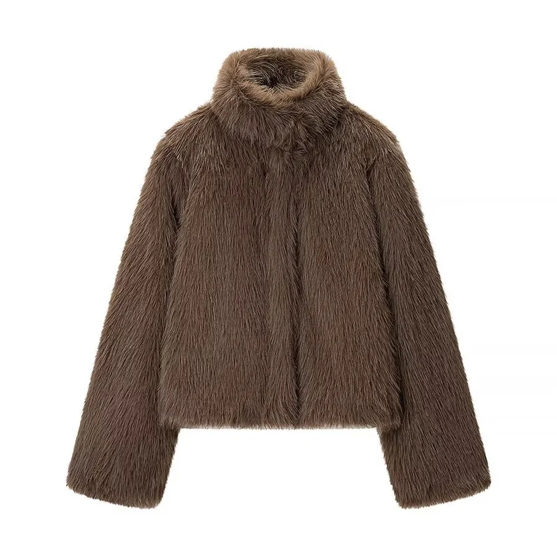Damen Kurze Kunstfelljacke mit hohem Stehkragen und Oversized‑Silhouette Drune