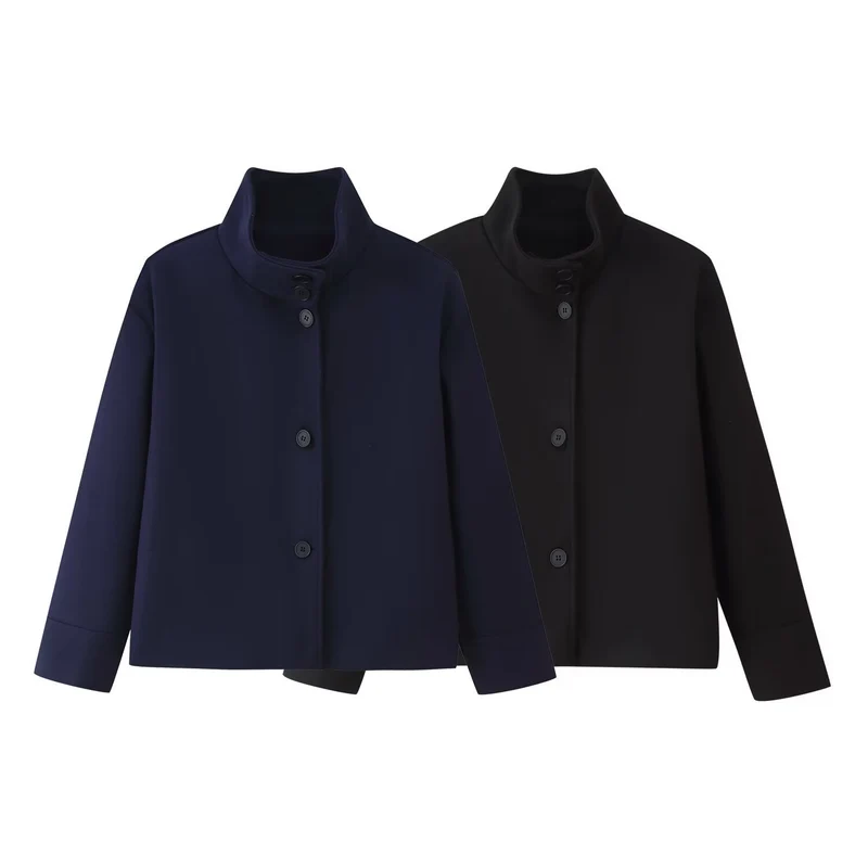 Damen Kurze kastige Jacke mit Stehkragen und durchgehender Knopfleiste Drune