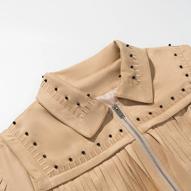 Damen Kurze Fransen-Suedejacke im Westernstil mit Nietenbesatz und Frontreißverschluss Drune