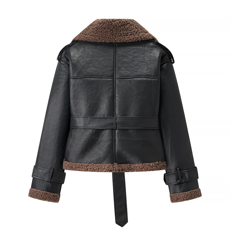 Damen Kurze Fliegerjacke aus Kunstleder mit Teddyfell-Kragen und Taillengürtel Drune