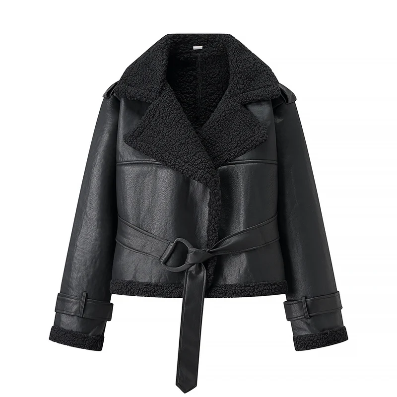 Damen Kurze Fliegerjacke aus Kunstleder mit Teddyfell-Kragen und Taillengürtel Drune