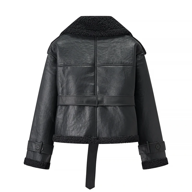 Damen Kurze Fliegerjacke aus Kunstleder mit Teddyfell-Kragen und Taillengürtel Drune