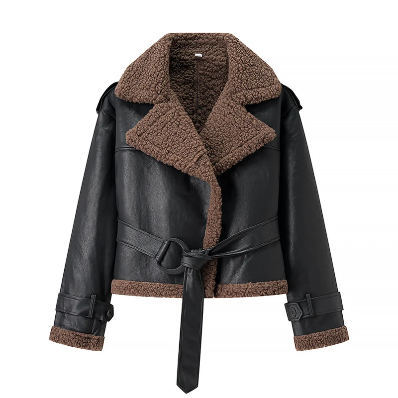 Damen Kurze Fliegerjacke aus Kunstleder mit Teddyfell-Kragen und Taillengürtel Drune