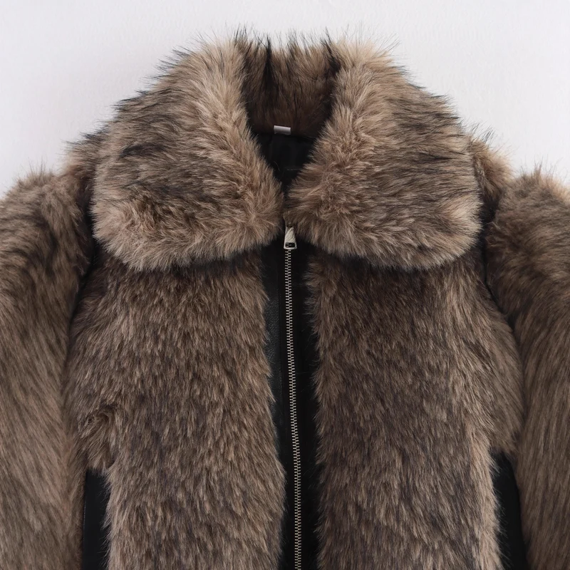 Damen Kurze Faux-Fur Bomberjacke mit Reißverschluss und Rippsaum Drune