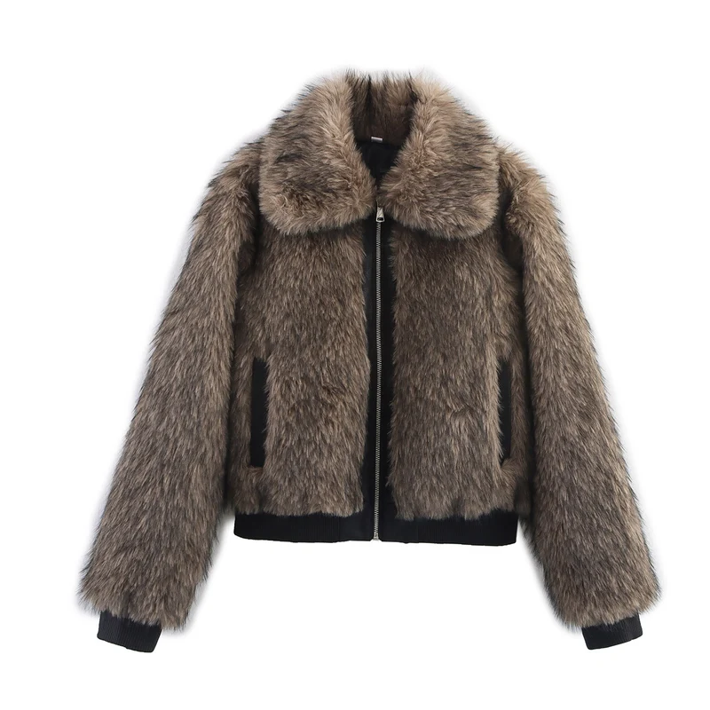 Damen Kurze Faux-Fur Bomberjacke mit Reißverschluss und Rippsaum Drune