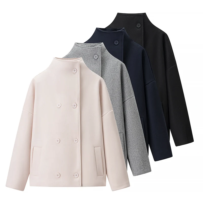 Damen Kurze doppeltgeknöpfte Oversize-Boxy-Jacke mit Stehkragen und Eingrifftaschen Drune
