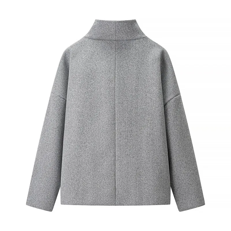 Damen Kurze doppeltgeknöpfte Oversize-Boxy-Jacke mit Stehkragen und Eingrifftaschen Drune