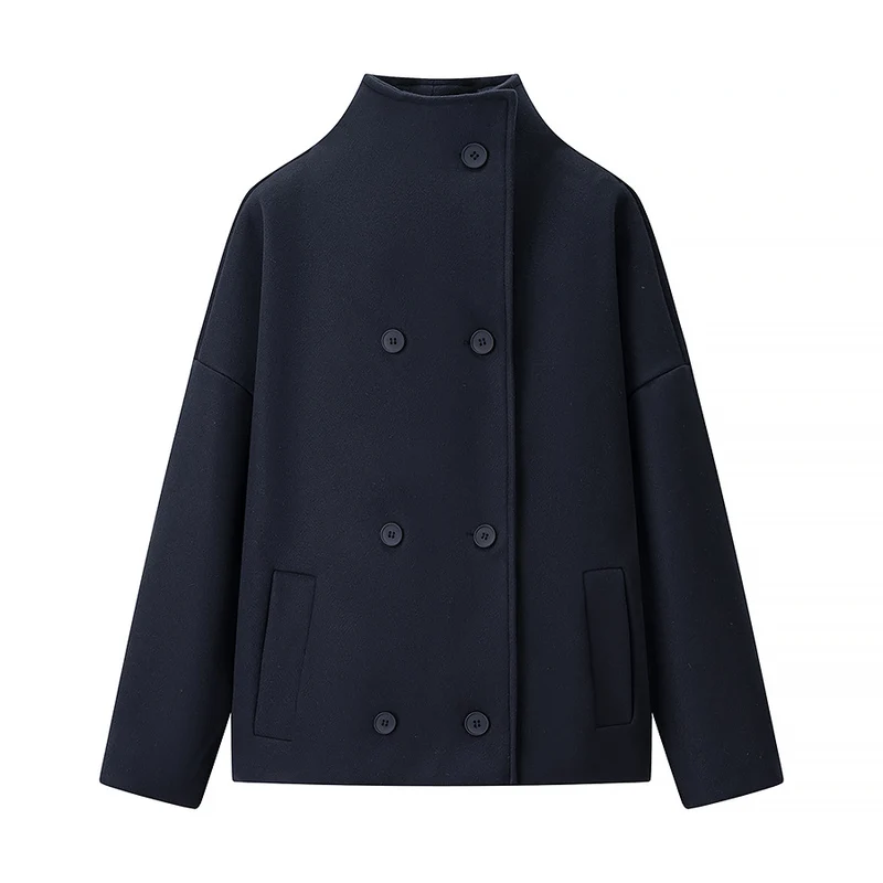 Damen Kurze doppeltgeknöpfte Oversize-Boxy-Jacke mit Stehkragen und Eingrifftaschen Drune