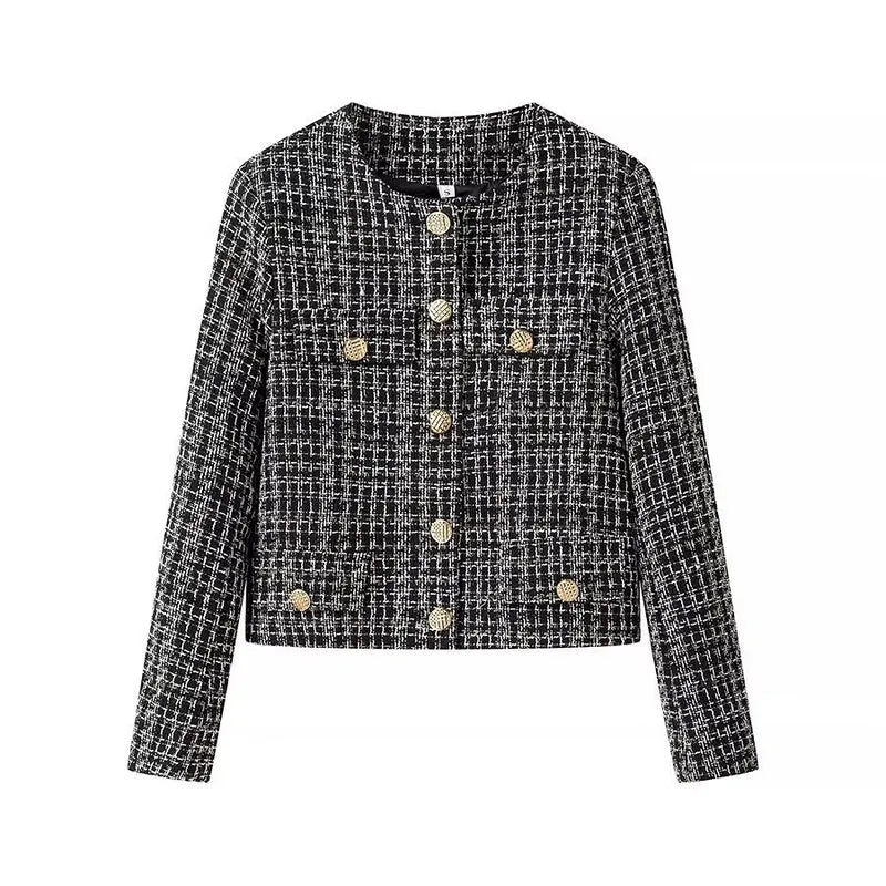 Damen Kurze Bouclé-Tweed-Jacke mit Rundhals, dekorativen Zierknöpfen und aufgesetzten Taschen Drune