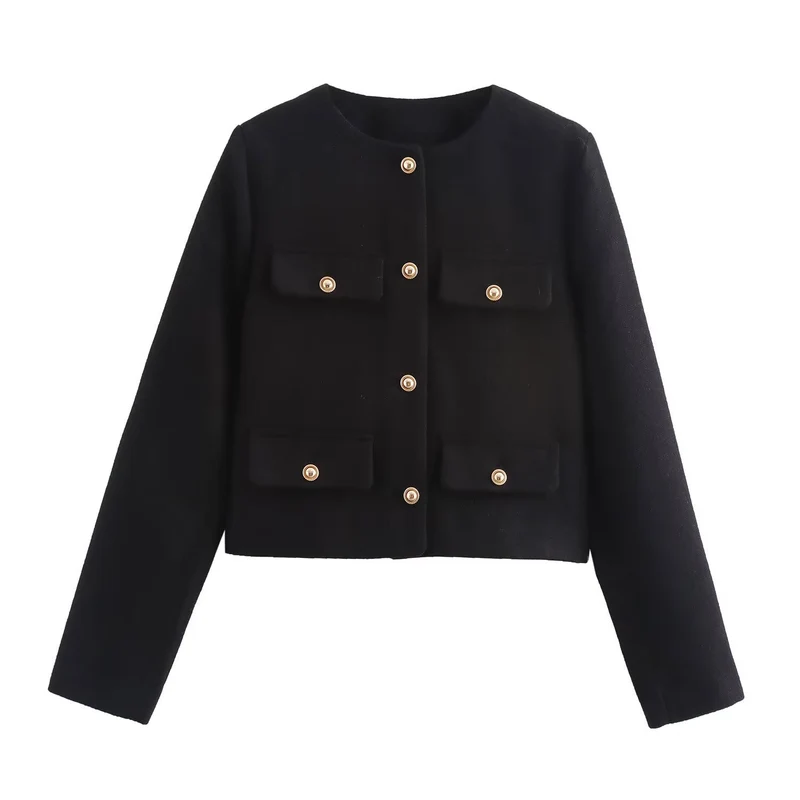 Damen Kurze Bouclé-Blazerjacke mit Rundhalsausschnitt, Zierleistentaschen und goldfarbenen Knöpfen Drune
