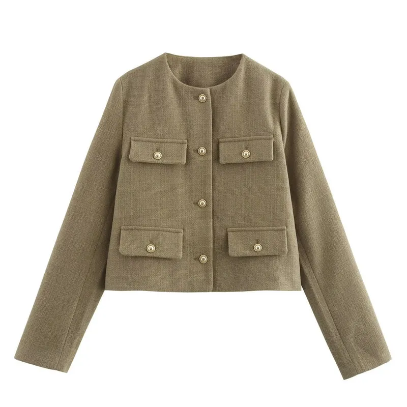 Damen Kurze Bouclé-Blazerjacke mit Rundhalsausschnitt, Zierleistentaschen und goldfarbenen Knöpfen Drune