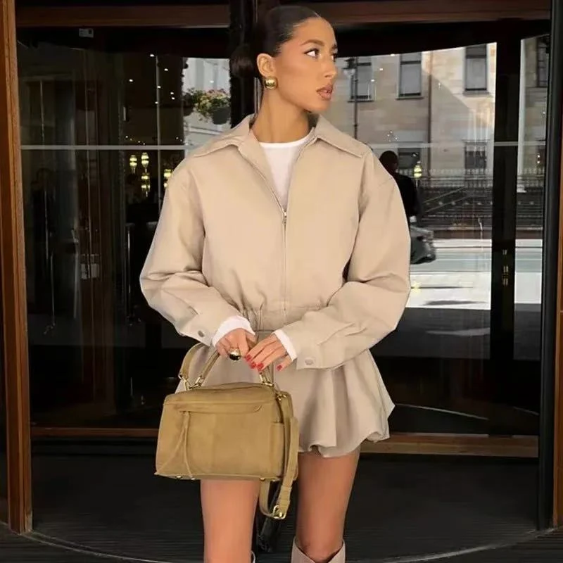 Damen Kurze Blousonjacke aus veganem Leder mit Reißverschluss und elastischem Saum Drune