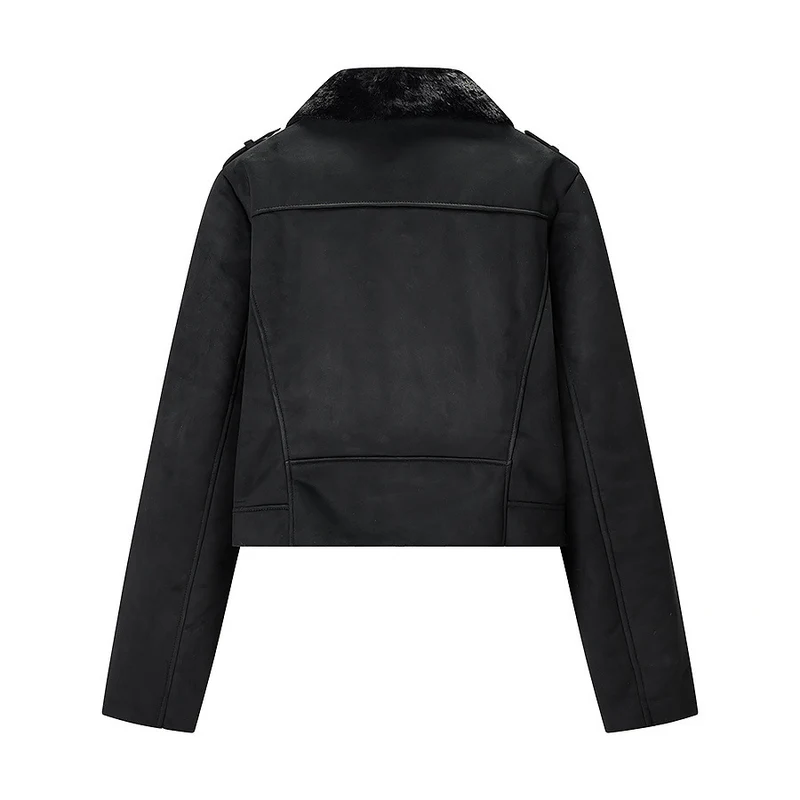 Damen Kurze Bikerjacke mit Kunstfellkragen und Wildlederoptik Drune