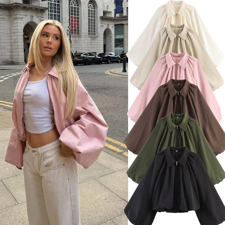 Damen Kurzcape mit Volumenärmeln, Reißverschluss und gerafftem Saum Drune