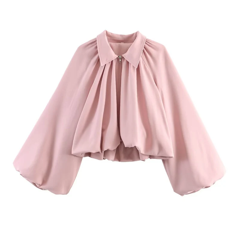 Damen Kurzcape mit Volumenärmeln, Reißverschluss und gerafftem Saum Drune