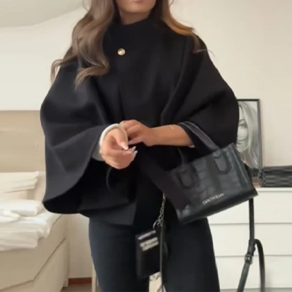 Damen Kurzcape-Mantel aus Wollmix mit Stehkragen, weitem Kimonoärmel und Bindegürtel Drune