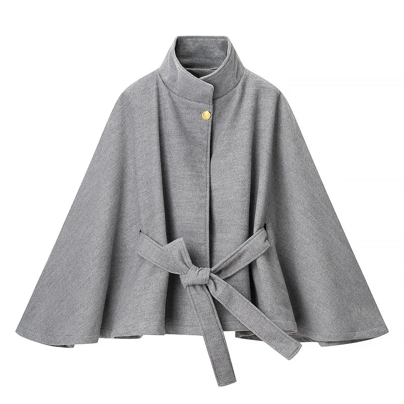 Damen Kurzcape-Mantel aus Wollmix mit Stehkragen, weitem Kimonoärmel und Bindegürtel Drune