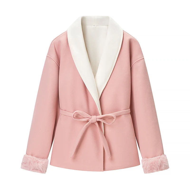 Damen Kurzblazer‑Mantel mit Kimono‑Schalkragen, Taillengürtel und Kunstfell‑Bündchen Drune