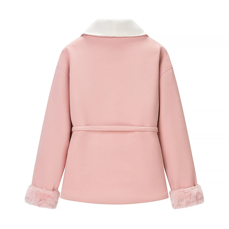 Damen Kurzblazer‑Mantel mit Kimono‑Schalkragen, Taillengürtel und Kunstfell‑Bündchen Drune