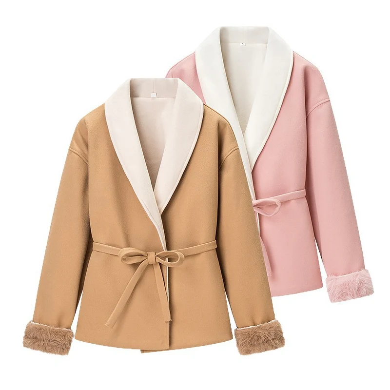 Damen Kurzblazer‑Mantel mit Kimono‑Schalkragen, Taillengürtel und Kunstfell‑Bündchen Drune