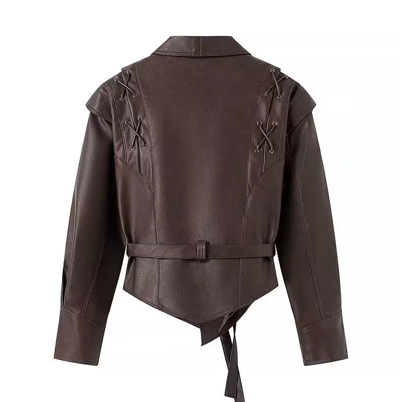 Damen Kurzblazer-Lederjacke mit Schalkragen, Taillengürtel und Schnürdetail Drune
