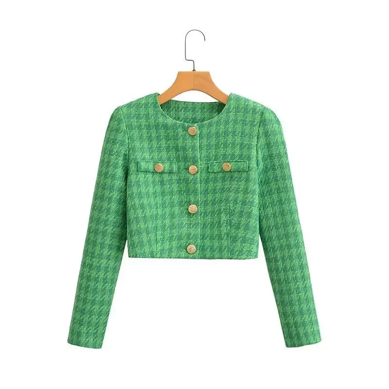 Damen Kurzblazer aus Bouclé-Tweed mit kastiger Cropped‑Silhouette und kragenlosem Design Drune