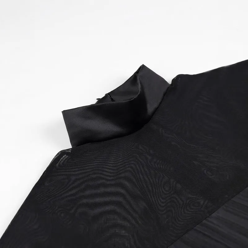 Damen Kurzabendkleid mit Stehkragen, transparenten Mesh-Ärmeln und Korsagen-Optik Drune