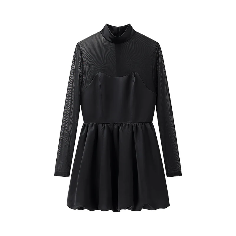 Damen Kurzabendkleid mit Stehkragen, transparenten Mesh-Ärmeln und Korsagen-Optik Drune
