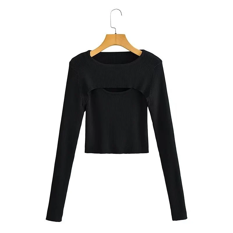 Damen Kurz geschnittenes Rippstrick-Top mit asymmetrischen Cut-Outs und Rundhalsausschnitt Drune