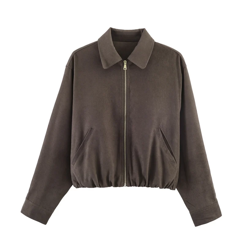 Damen Kurz geschnittener Wildlederoptik-Blouson mit Reißverschluss, elastischem Saum und schrägen Eingrifftaschen Drune