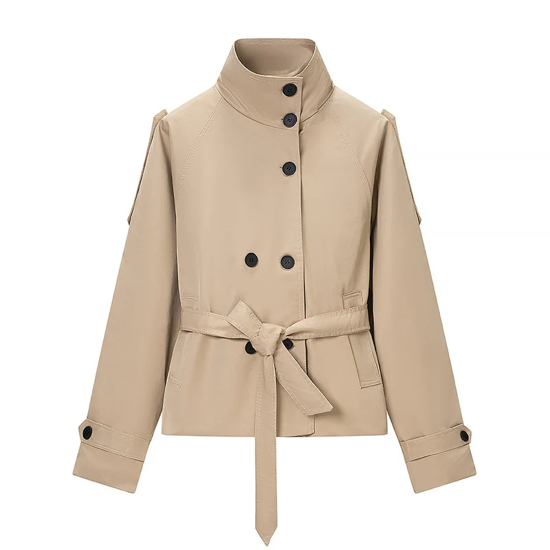 Damen Kurz geschnittener taillierter Trenchcoat mit hoher Knopfleiste und Taillengürtel Drune