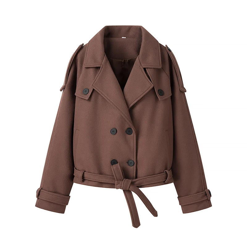 Damen Kurz geschnittener Oversize-Wollmix-Peacoat mit weitem Revers und Bindegürtel Drune