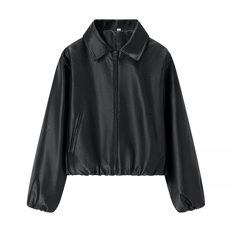 Damen Kurz geschnittener Lederimitat-Blouson mit Reißverschluss und Gummizugsaum Drune