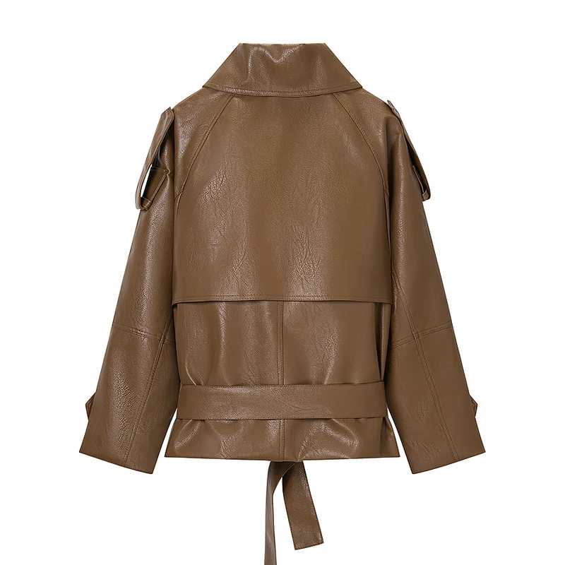 Damen Kurz geschnittener Kunstleder-Trenchcoat mit Bindegürtel und Schulterriegel Drune