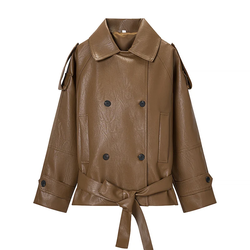 Damen Kurz geschnittener Kunstleder-Trenchcoat mit Bindegürtel und Schulterriegel Drune
