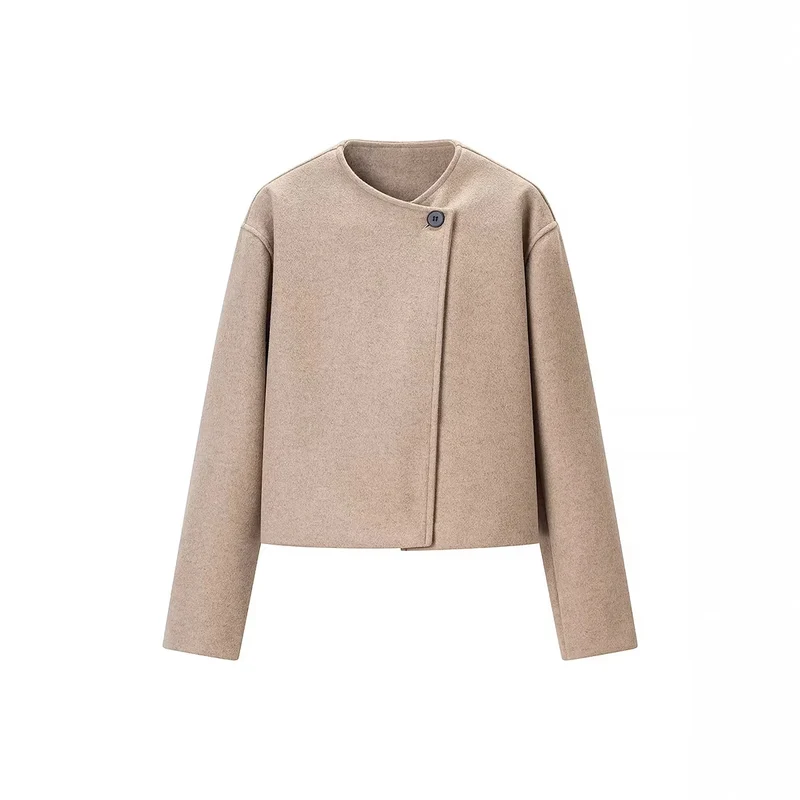 Damen Kurz geschnittene Wollmix-Boxy-Jacke mit asymmetrischer Knopfleiste Drune