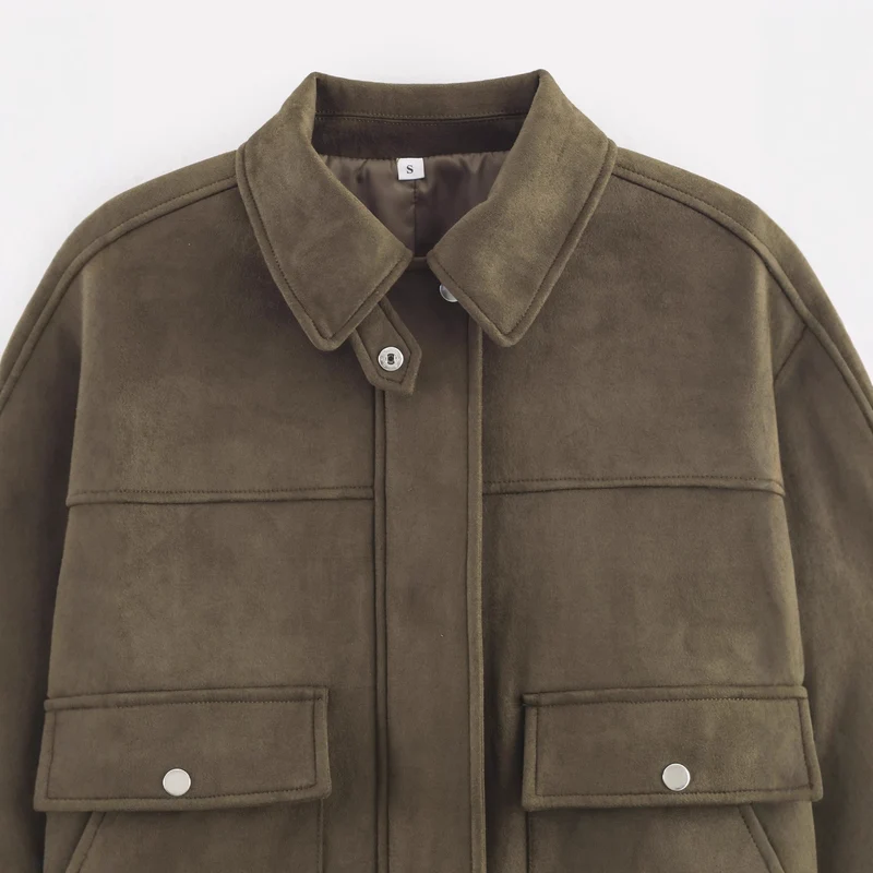 Damen Kurz geschnittene Wildlederoptik-Utility-Jacke mit aufgesetzten Klappentaschen Drune