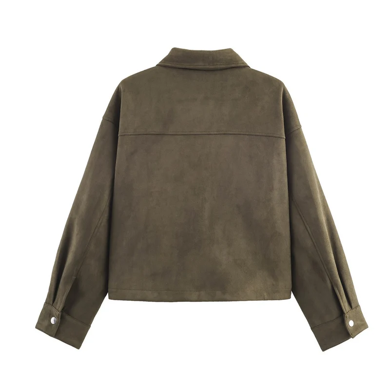 Damen Kurz geschnittene Wildlederoptik-Utility-Jacke mit aufgesetzten Klappentaschen Drune