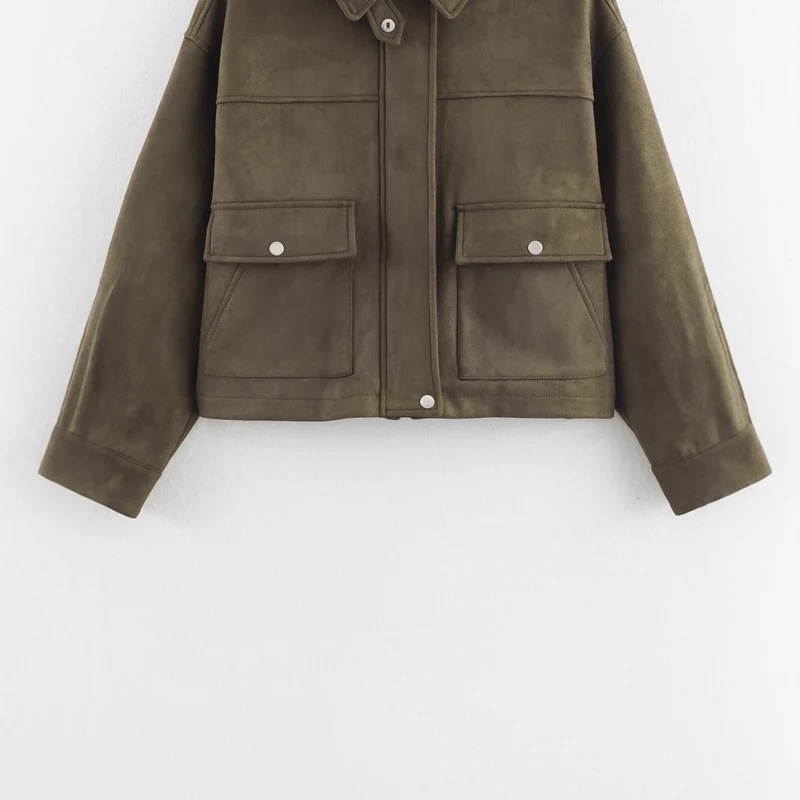 Damen Kurz geschnittene Wildlederoptik-Utility-Jacke mit aufgesetzten Klappentaschen Drune