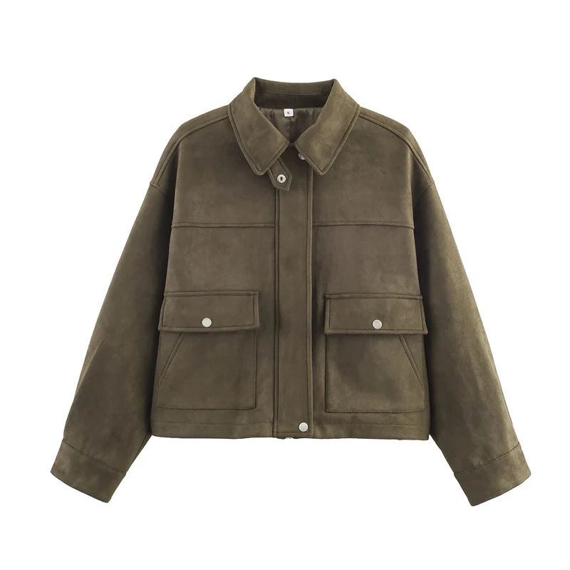 Damen Kurz geschnittene Wildlederoptik-Utility-Jacke mit aufgesetzten Klappentaschen Drune