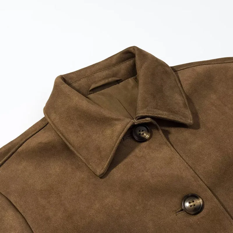 Damen kurz geschnittene Veloursleder‑Optik Jacke mit Hemdkragen und Knopfleiste Drune
