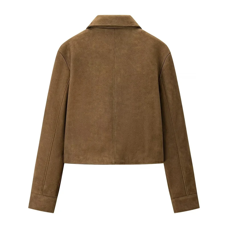 Damen kurz geschnittene Veloursleder‑Optik Jacke mit Hemdkragen und Knopfleiste Drune
