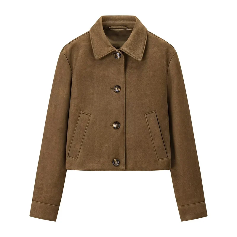 Damen kurz geschnittene Veloursleder‑Optik Jacke mit Hemdkragen und Knopfleiste Drune