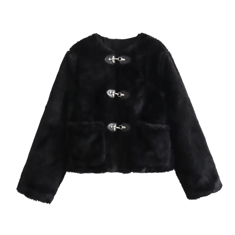 Damen Kurz geschnittene Teddyjacke mit Knebelverschlüssen und aufgesetzten Taschen Drune